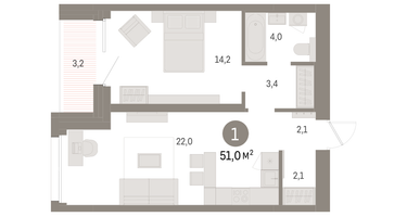 1-к. квартира, 51&nbsp;м²
