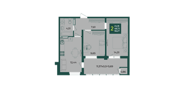2-к. квартира, 55 м²