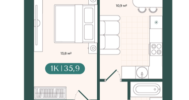1-к. квартира, 35&nbsp;м²