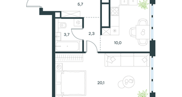 1-к. квартира, 41&nbsp;м²