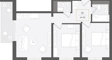 3-к. квартира, 64&nbsp;м²