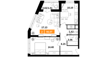 2-к. квартира, 56 м²