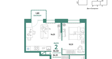 2-к. квартира, 36&nbsp;м²