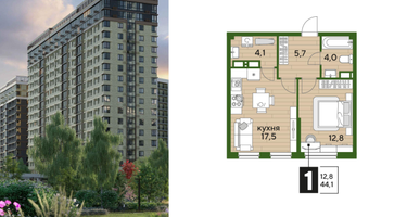 1-к. квартира, 43&nbsp;м²