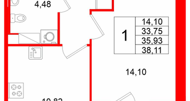 1-к. квартира, 35&nbsp;м²
