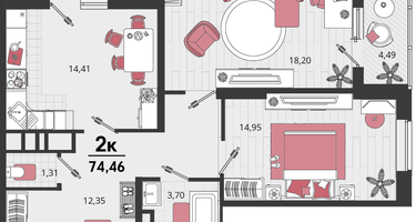 2-к. квартира, 71&nbsp;м²