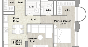 2-к. квартира, 53&nbsp;м²