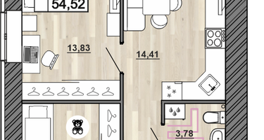 2-к. квартира, 54&nbsp;м²