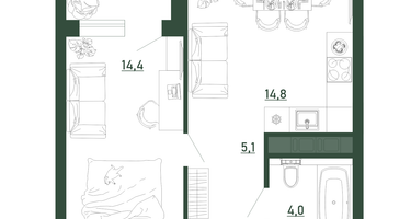 1-к. квартира, 39&nbsp;м²