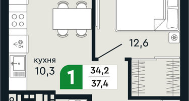 1-к. квартира, 37&nbsp;м²