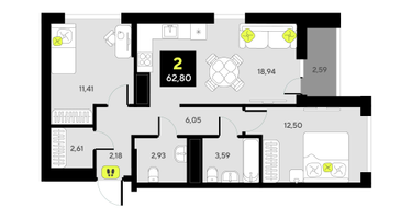 2-к. квартира, 62&nbsp;м²