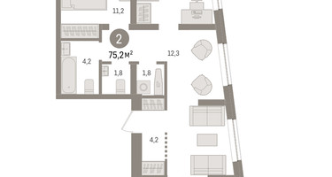2-к. квартира, 75&nbsp;м²