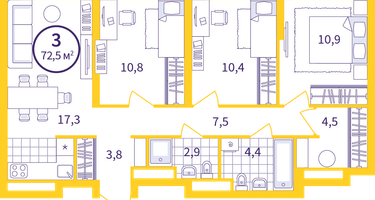 3-к. квартира, 72 м²