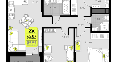 2-к. квартира, 62&nbsp;м²