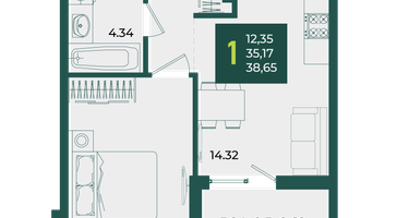1-к. квартира, 38&nbsp;м²