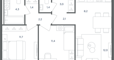 3-к. квартира, 57 м²