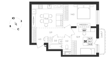 3-к. квартира, 54 м²