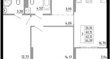 2-к. квартира, 62&nbsp;м²
