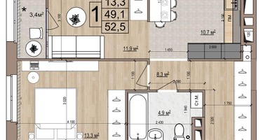 1-к. квартира, 52&nbsp;м²