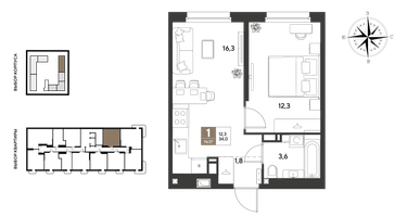1-к. квартира, 34&nbsp;м²