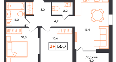 2-к. квартира, 55 м²