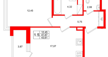 1-к. квартира, 41&nbsp;м²