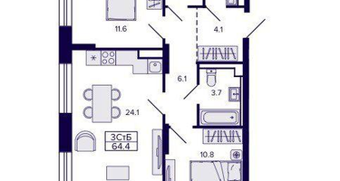 3-к. квартира, 64&nbsp;м²