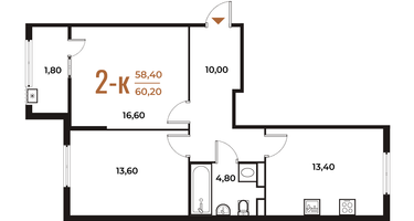 2-к. квартира, 60&nbsp;м²