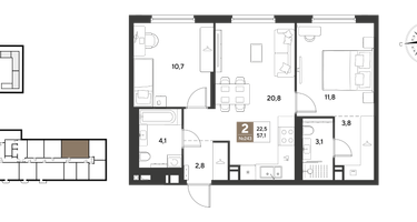 2-к. квартира, 57&nbsp;м²