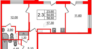 2-к. квартира, 54 м²
