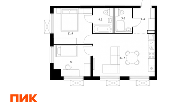2-к. квартира, 54&nbsp;м²
