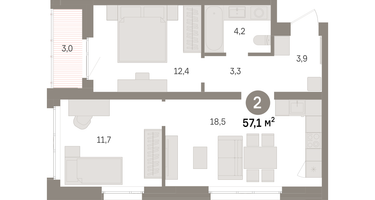 2-к. квартира, 57 м²