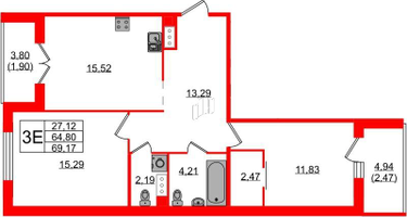 2-к. квартира, 69&nbsp;м²