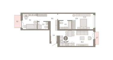 2-к. квартира, 73&nbsp;м²