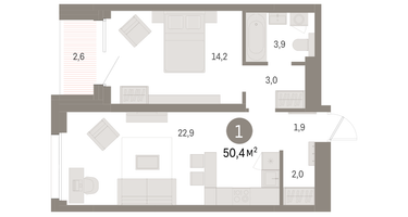 1-к. квартира, 50&nbsp;м²