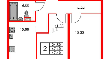 2-к. квартира, 47&nbsp;м²
