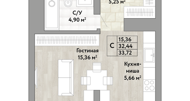 1-к. квартира, 32&nbsp;м²