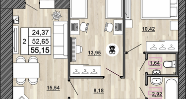 2-к. квартира, 55&nbsp;м²