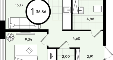 1-к. квартира, 36&nbsp;м²