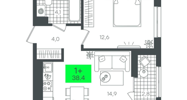 1-к. квартира, 38&nbsp;м²
