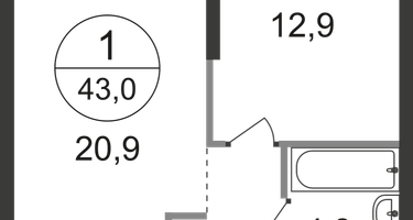 1-к. квартира, 43 м²