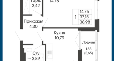 1-к. квартира, 38 м²