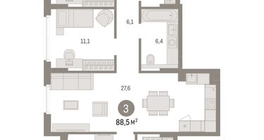 3-к. квартира, 88&nbsp;м²