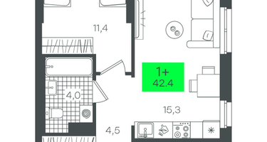 1-к. квартира, 42&nbsp;м²