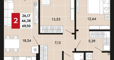 2-к. квартира, 69&nbsp;м²