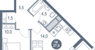 1-к. квартира, 37&nbsp;м²