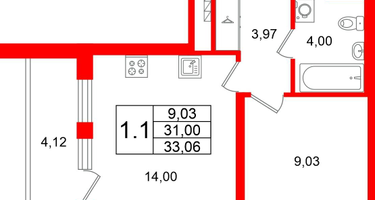 1-к. квартира, 31&nbsp;м²