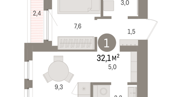 1-к. квартира, 31&nbsp;м²