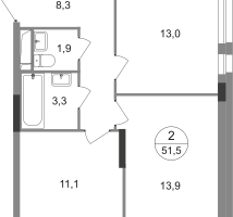 2-к. квартира, 51 м²