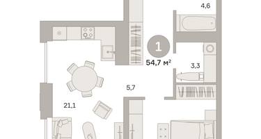 1-к. квартира, 54 м²